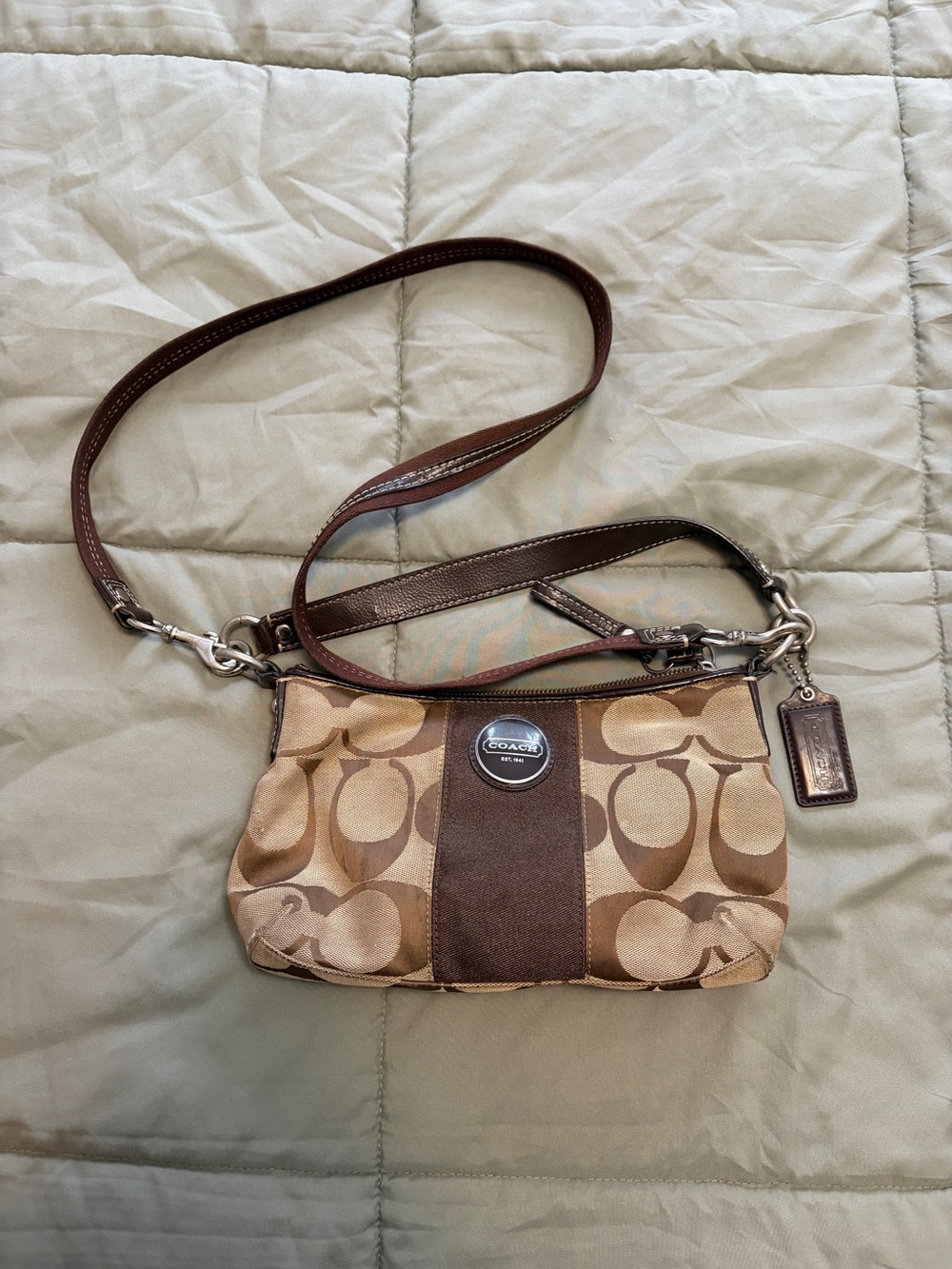 Coach Brown Signature Canvas Crossbody with Dark Brown Leather Trim